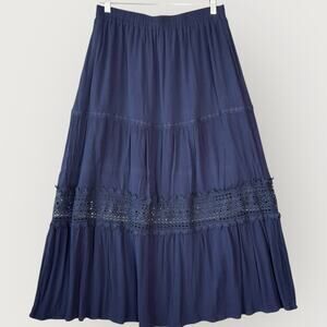 Zesica Womens Size XL Bohemian Maxi Skirt Pullon Navy Blue Lace Trim Lined Flowy